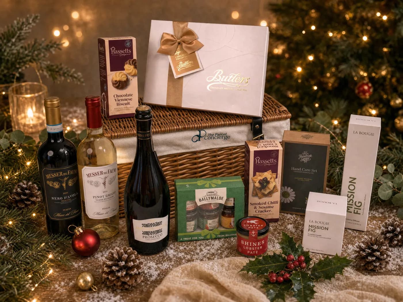 A Taste of Luxury wicker hamper dressed for Christmas, with red and white wine, Prosecco, biscuits, a Ballymaloe relish set and a La Bougie candle