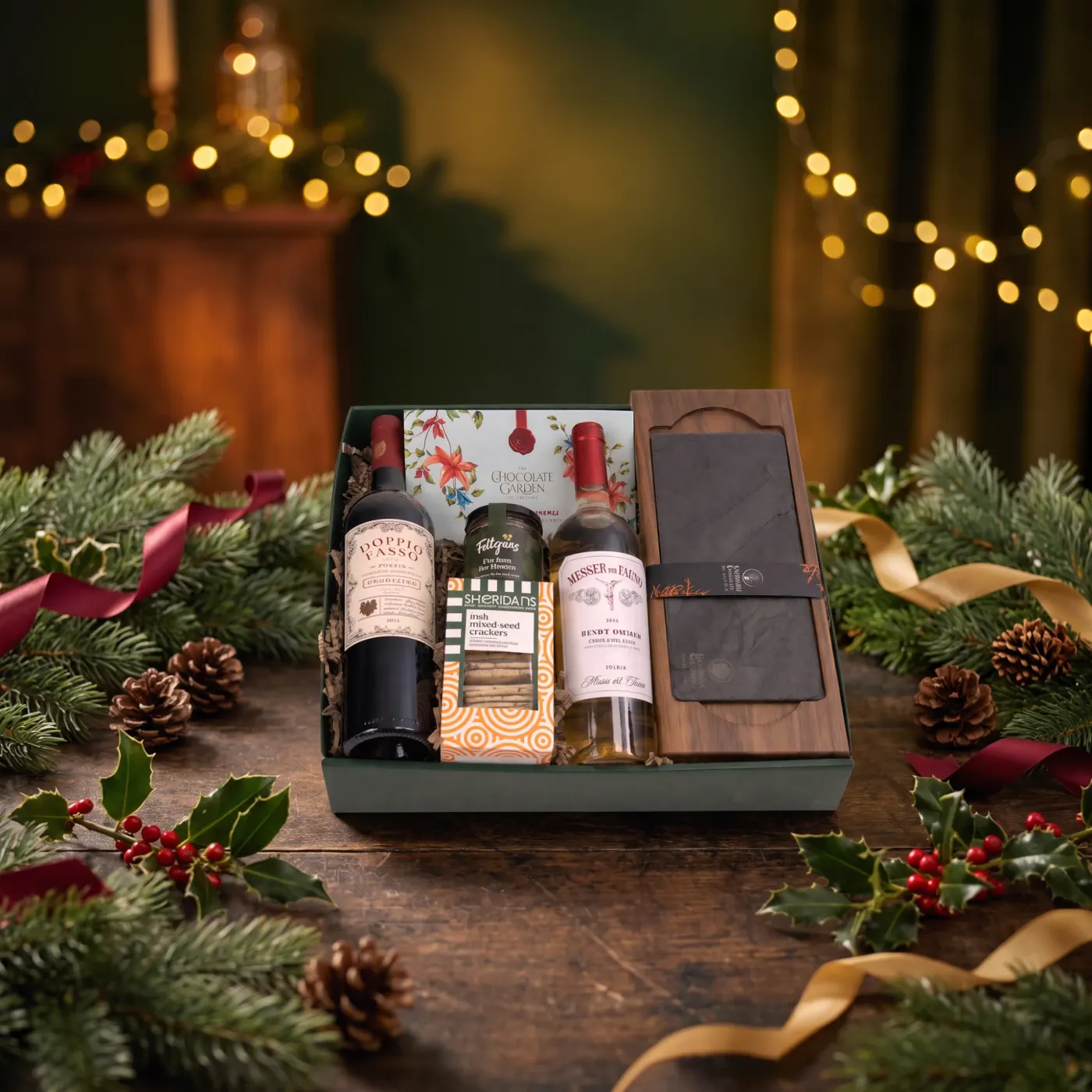 The Italian Job dressed for Christmas, Doppio Passo red and Messer del Fauno white beside Sheridans crackers, a Filligan’s jar, a Chocolate Garden of Ireland box and a walnut board with slate
