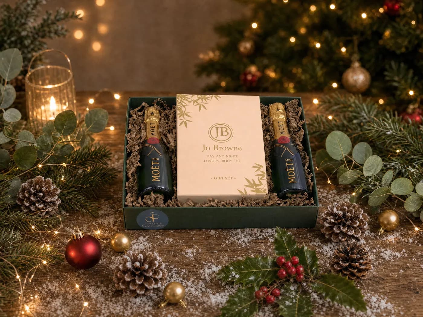 The Bubbles and Bliss Luxury Hamper dressed for Christmas, two small bottles of Moët and Chandon Champagne either side of a Jo Browne body oil gift set