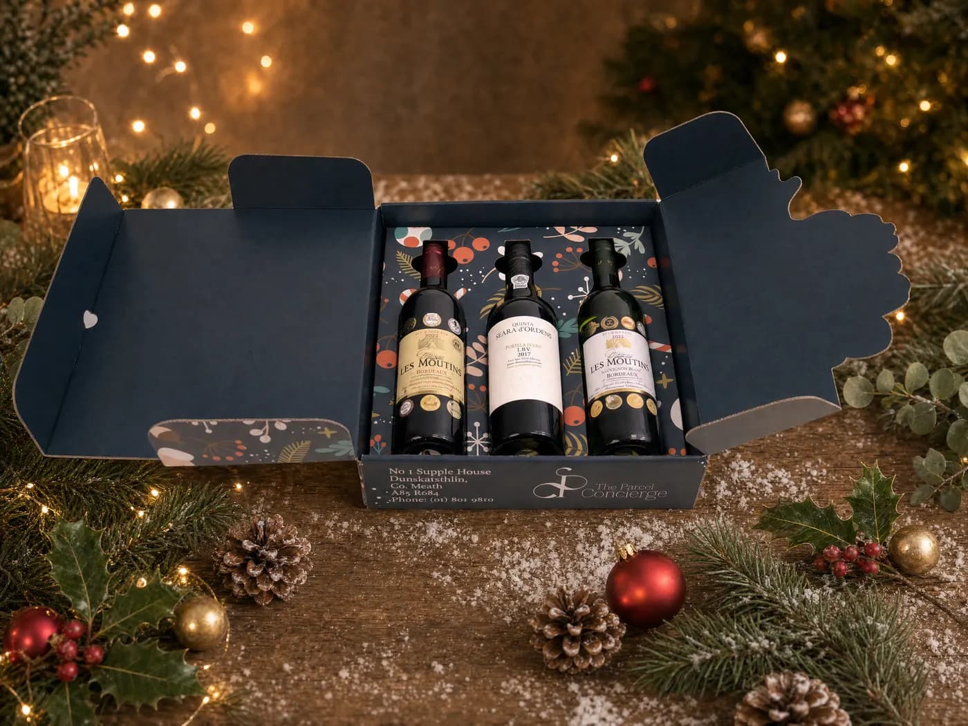 The French Wine and Port Christmas Trio dressed for Christmas, three bottles in a navy Parcel Concierge gift box