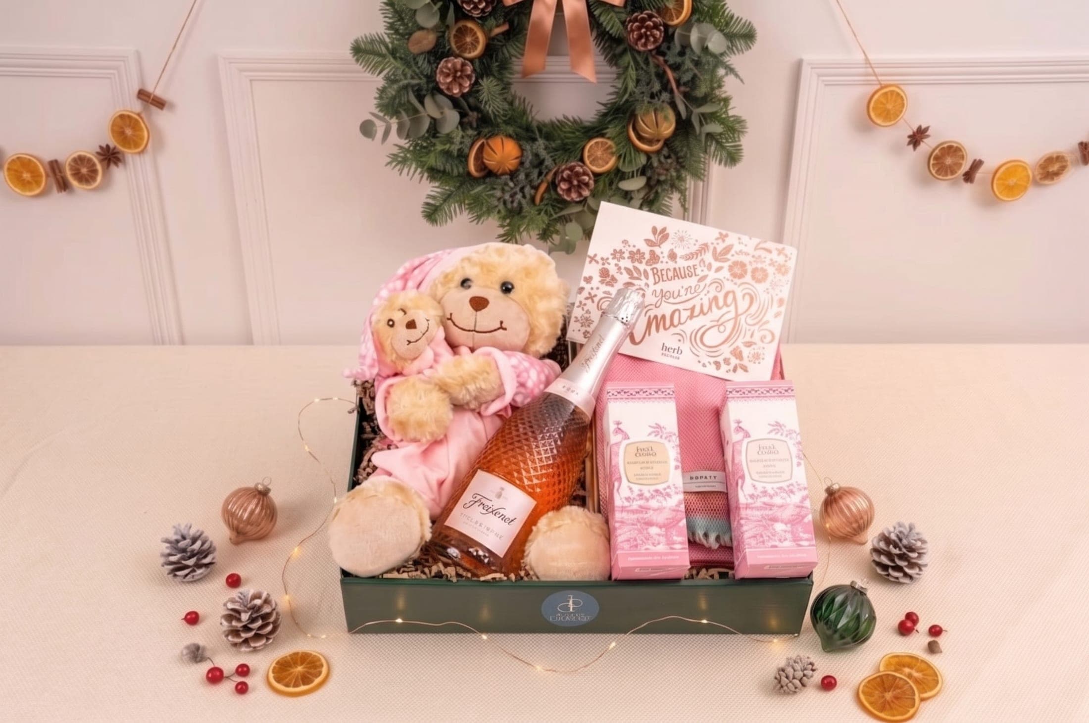 A new baby hamper with a teddy bear, a pink blanket, sparkling rosé and chocolates in a green gift box